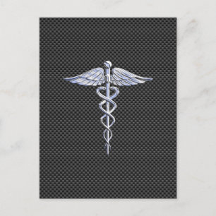 Chrome Caduceus Medical Symbol Zwarte Koolstofveze Briefkaart