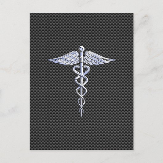 Chrome Caduceus Medical Symbol Zwarte Koolstofveze Briefkaart (Voorkant)