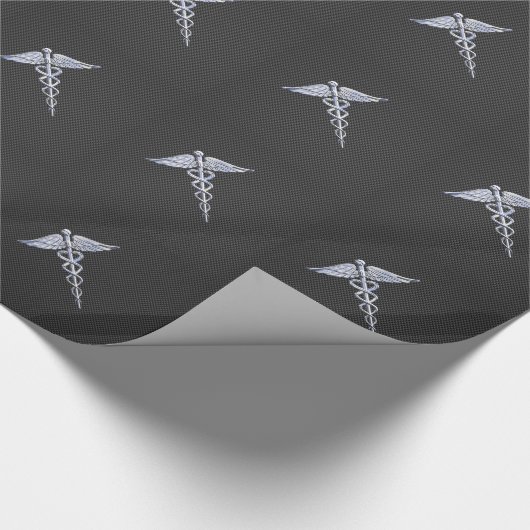 Chrome Caduceus Medical Symbol Zwarte Koolstofveze Cadeaupapier (Hoek)