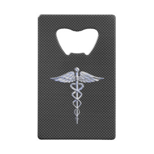 Chrome Caduceus Medical Symbol Zwarte Koolstofveze Creditkaart Flessenopener