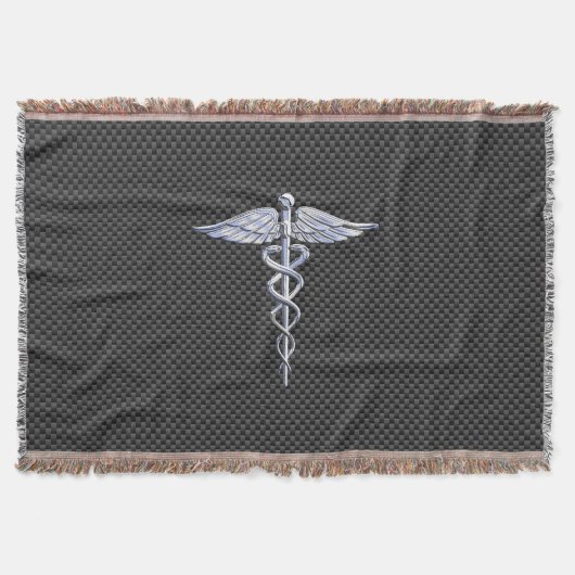 Chrome Caduceus Medical Symbol Zwarte Koolstofveze Deken (Voorkant)