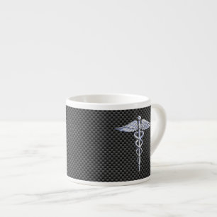 Chrome Caduceus Medical Symbol Zwarte Koolstofveze Espresso Kop