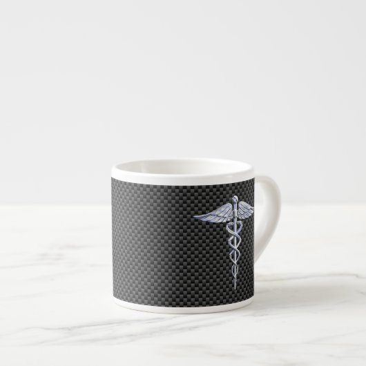 Chrome Caduceus Medical Symbol Zwarte Koolstofveze Espresso Kop (Voorkant rechts)