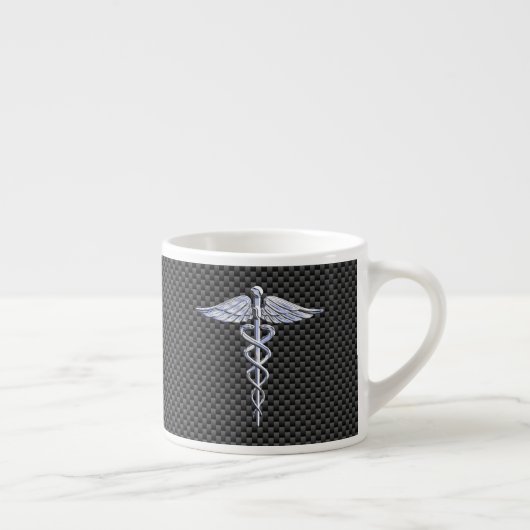 Chrome Caduceus Medical Symbol Zwarte Koolstofveze Espresso Kop (Rechts)