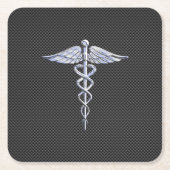 Chrome Caduceus Medical Symbol Zwarte Koolstofveze Kartonnen Onderzetters (Voorkant)