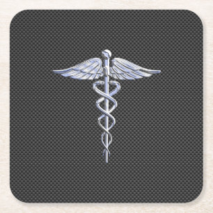 Chrome Caduceus Medical Symbol Zwarte Koolstofveze Kartonnen Onderzetters