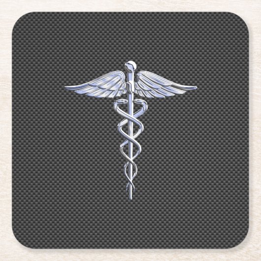 Chrome Caduceus Medical Symbol Zwarte Koolstofveze Kartonnen Onderzetters (Voorkant)