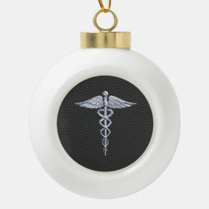 Chrome Caduceus Medical Symbol Zwarte Koolstofveze Keramische Bal Ornament