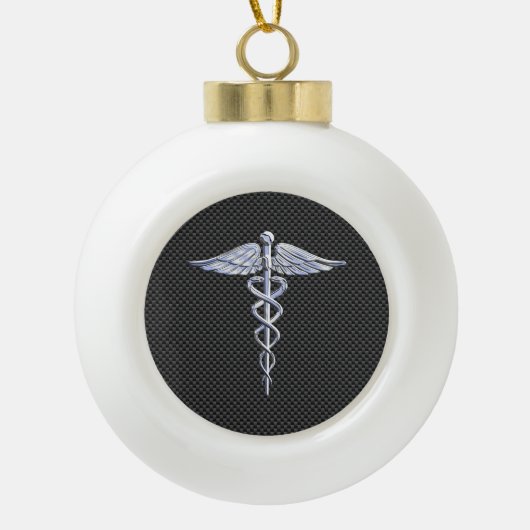 Chrome Caduceus Medical Symbol Zwarte Koolstofveze Keramische Bal Ornament (Voorkant)