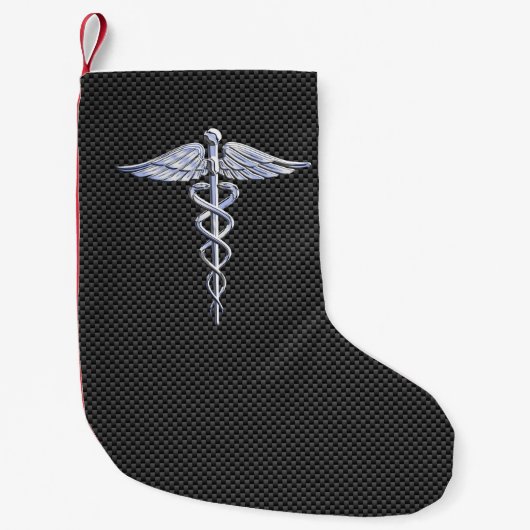 Chrome Caduceus Medical Symbol Zwarte Koolstofveze Kleine Kerstsok (Voorkant)