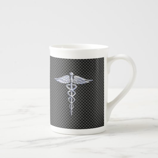 Chrome Caduceus Medical Symbol Zwarte Koolstofveze Porselein Kop (Rechts)