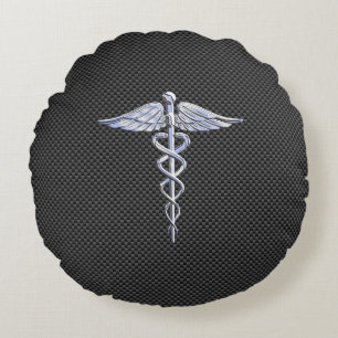 Chrome Caduceus Medical Symbol Zwarte Koolstofveze Rond Kussen