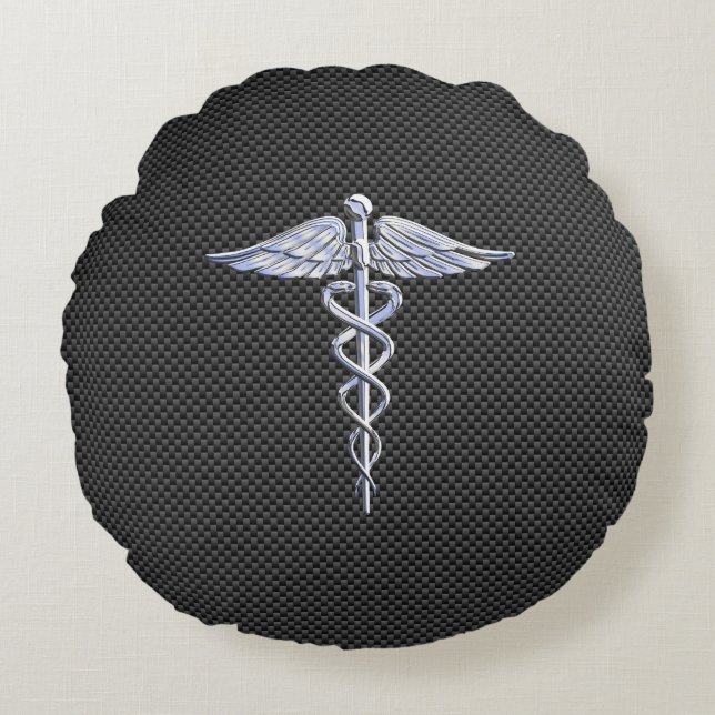 Chrome Caduceus Medical Symbol Zwarte Koolstofveze Rond Kussen (Voorkant)