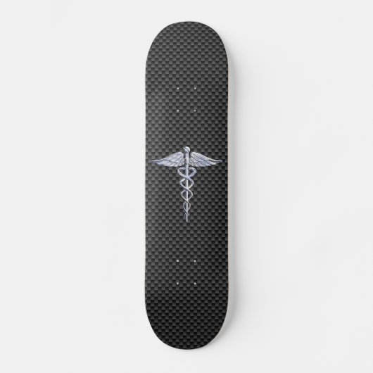 Chrome Caduceus Medical Symbol Zwarte Koolstofveze Skateboard (Voorkant)
