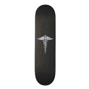 Chrome Caduceus Medical Symbol Zwarte Koolstofveze Skateboard