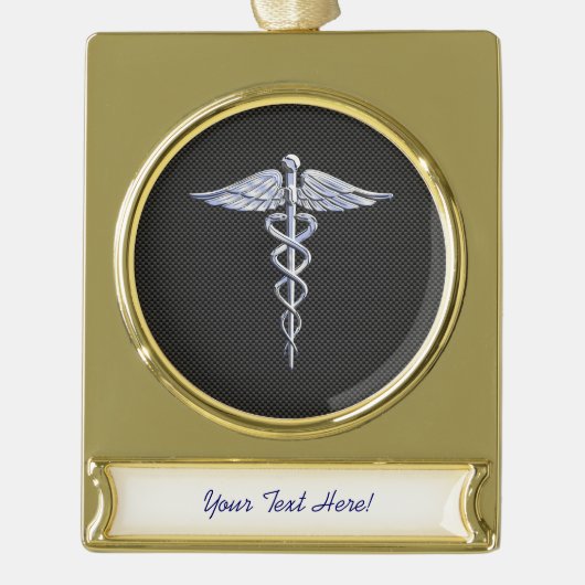 Chrome Caduceus Medical Symbol Zwarte Koolstofveze Verguld Banner Ornament (Voorkant)