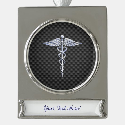 Chrome Caduceus Medical Symbol Zwarte Koolstofveze Verzilverd Banner Ornament (Voorkant)