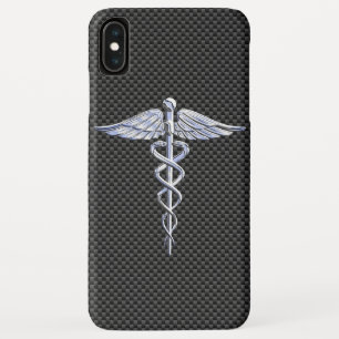 Chrome Caduceus Medical Symbool Carbon Fiber Decor iPhone XS Max Hoesje