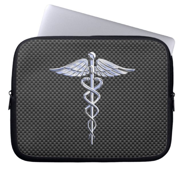 Chrome Caduceus Medical Symbool Carbon Fiber Print Laptop Sleeve (Voorkant)