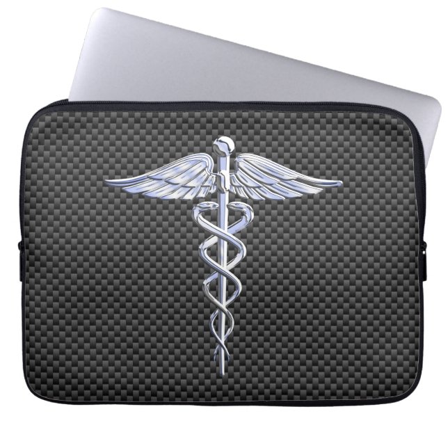 Chrome Caduceus Medical Symbool Carbon Fiber Print Laptop Sleeve (Voorkant)