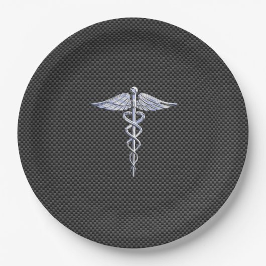 Chrome Caduceus Medical Symbool Carbon Fiber Print Papieren Bordje (Voorkant)