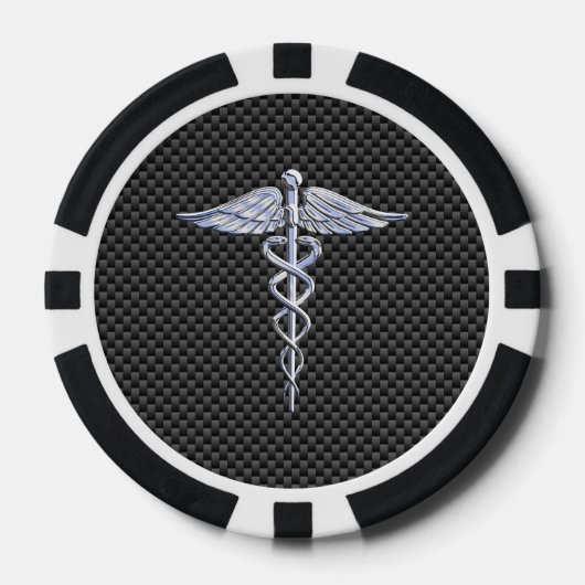 Chrome Caduceus Medical Symbool Carbon Fiber Print Poker Chips (Voorkant)