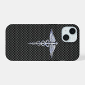 Chrome Caduceus Medisch Symbool Koolstofvezel Deco iPhone 15 Case (Achterkant horizontaal)