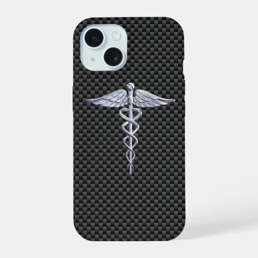 Chrome Caduceus Medisch Symbool Koolstofvezel Deco iPhone 15 Case (Achterkant)
