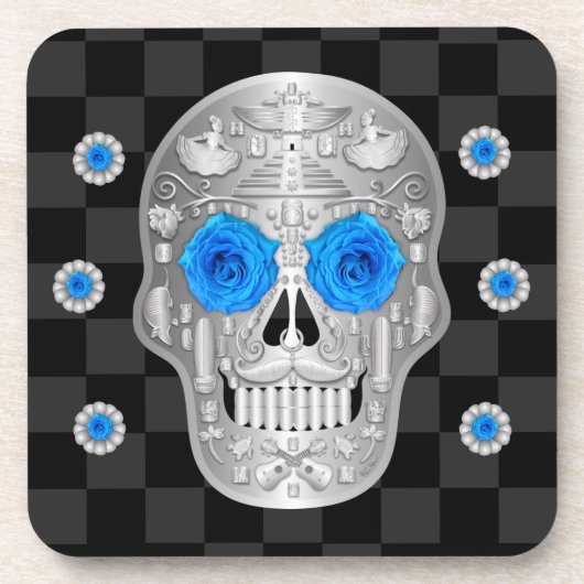 Chrome Calavera (blauw Roos) Beverage Coaster Bier Onderzetter (Voorkant)