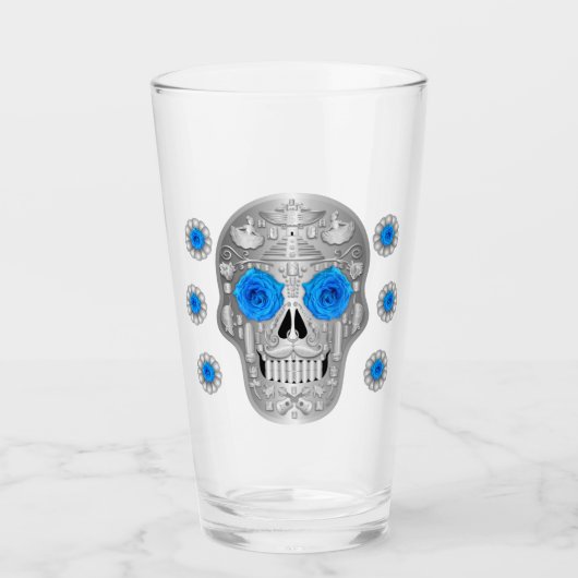 Chrome Calavera (blauw Roos) Glas (Voorkant)