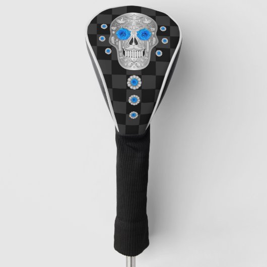 Chrome Calavera (Blauw Roos) Golf Head Hoesje Golfheadcover (Voorkant)