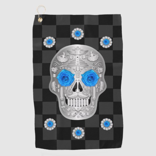 Chrome Calavera (Blauw Roos) Golfhanddoek (Voorkant)