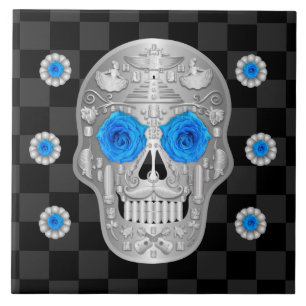 Chrome Calavera (blauw Roos) keramische Tegel Tegeltje
