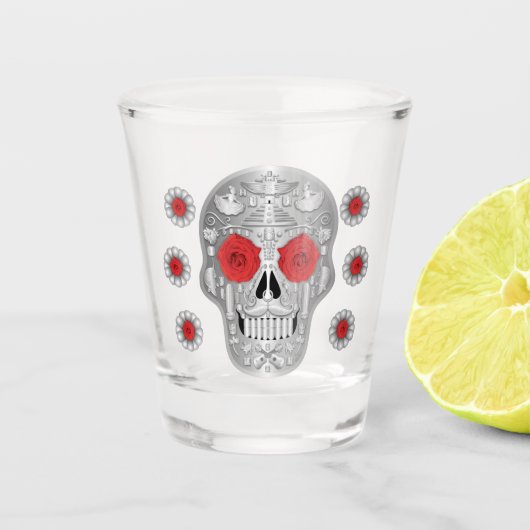 Chrome Calavera (Red Rose) Shot Glass Glas (Voorkant)