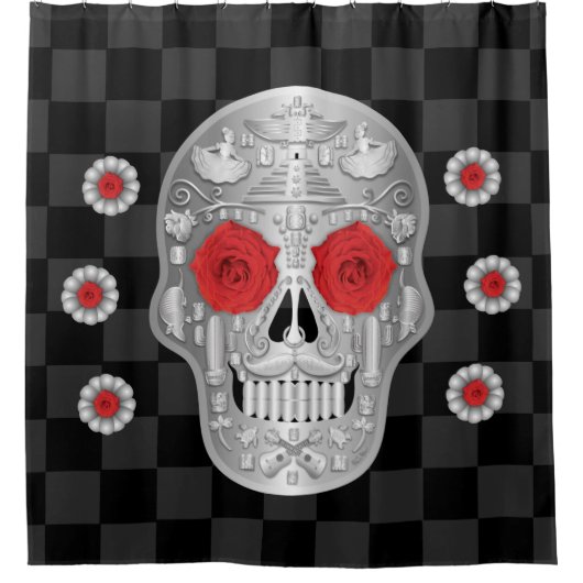 Chrome Calavera (Red Rose) Shower Curtain Douchegordijn (Voorkant)