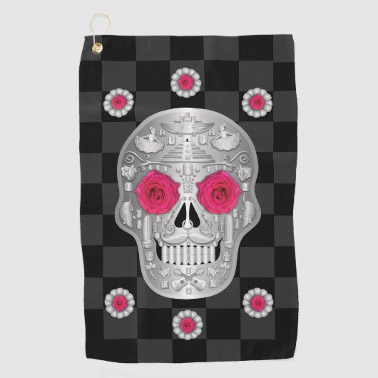 Chrome Calavera (Roze Rose) Golfhanddoek (Voorkant)
