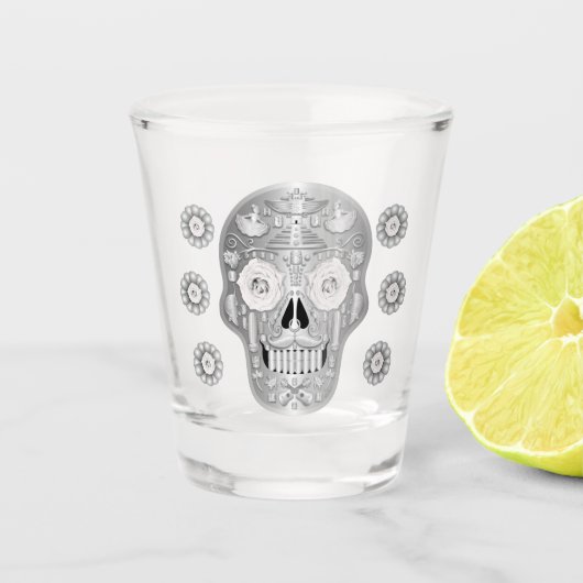 Chrome Calavera (White Rose) Shot Glass Glas (Voorkant)