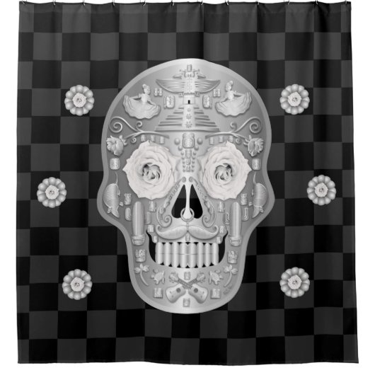 Chrome Calavera (White Rose) Shower Curtain Douchegordijn (Voorkant)
