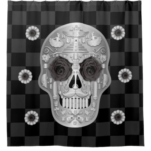 Chrome Calavera (zwart Roos) Shower Curtain Douchegordijn (Voorkant)