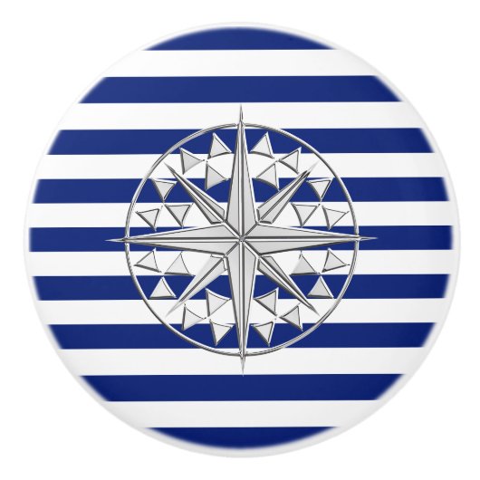 Chrome compass on Nautical Navy Blue Stripes Print Keramische Knop (Voorkant)