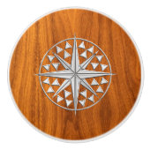 Chrome compass on Nautical Teak Wood Grain Print Keramische Knop (Voorkant)