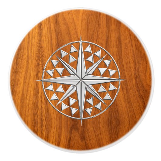 Chrome compass on Nautical Teak Wood Grain Print Keramische Knop (Voorkant)