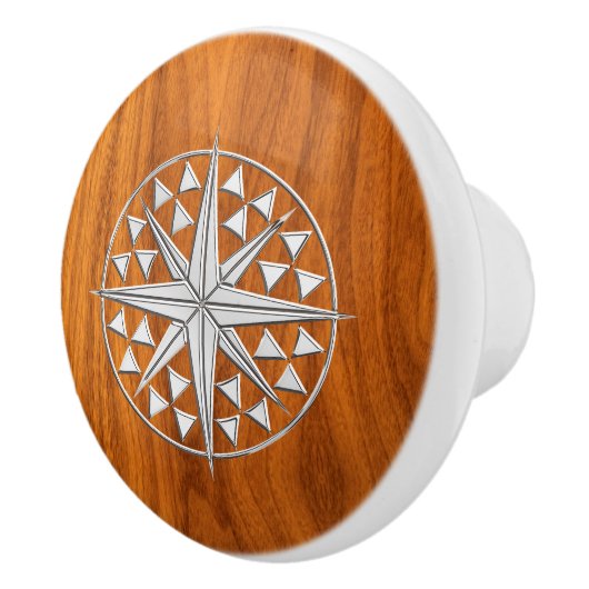 Chrome compass on Nautical Teak Wood Grain Print Keramische Knop (Rechts)