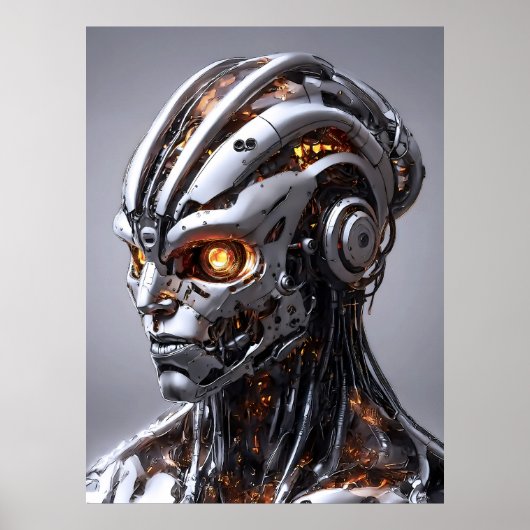 Chrome Cyborg Orange Glow Sci-Fi AI Portrait Poster (Voorkant)