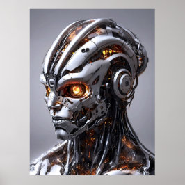 Chrome Cyborg Oranje Gloed Sci-Fi AI Portret Poster