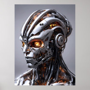 Chrome Cyborg Oranje Gloed Sci-Fi AI Portret Poster