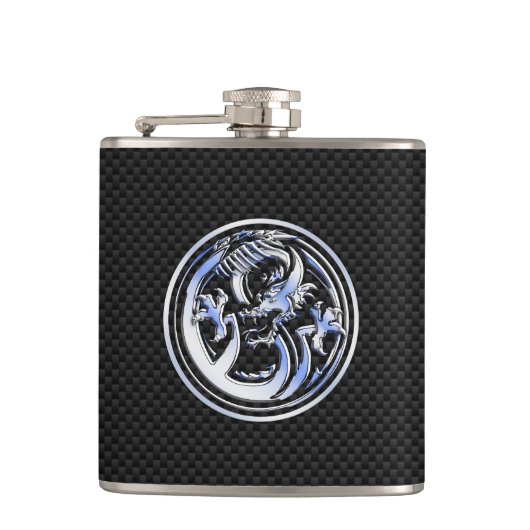 Chrome Draken Crest zwarte Carbon Fiber afdruk Heupfles (Voorkant)