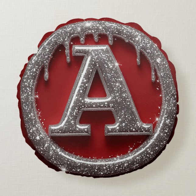 Chrome Drip Letter A Monogram Glitter Pictogram Rond Kussen (Voorkant)