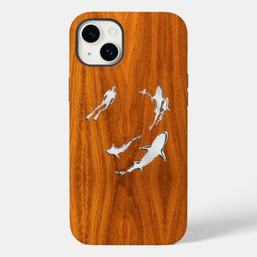 Chrome Duiker met Haaien op Teak Hout Case-Mate iPhone Case (Achterkant)
