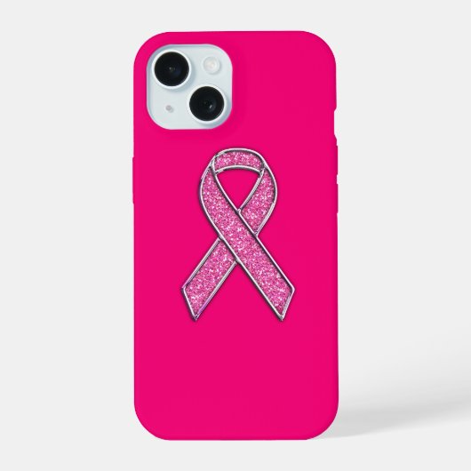 Chrome en Glitter Style Pink Ribbon Awareness iPhone 15 Case (Achterkant)